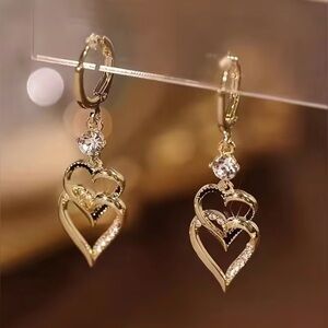 Heart Dangle Earrings with Rhinestone Accents Gorgeous Modern New